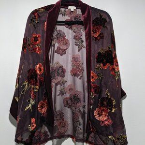 Luxurious Rayon velvet floral lace sheer kimono robe top